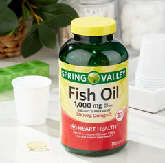 Mohsin Skerdy Spring Valley Fish Oil Softgels bottle closeup highlights 1000 mg per softgel.