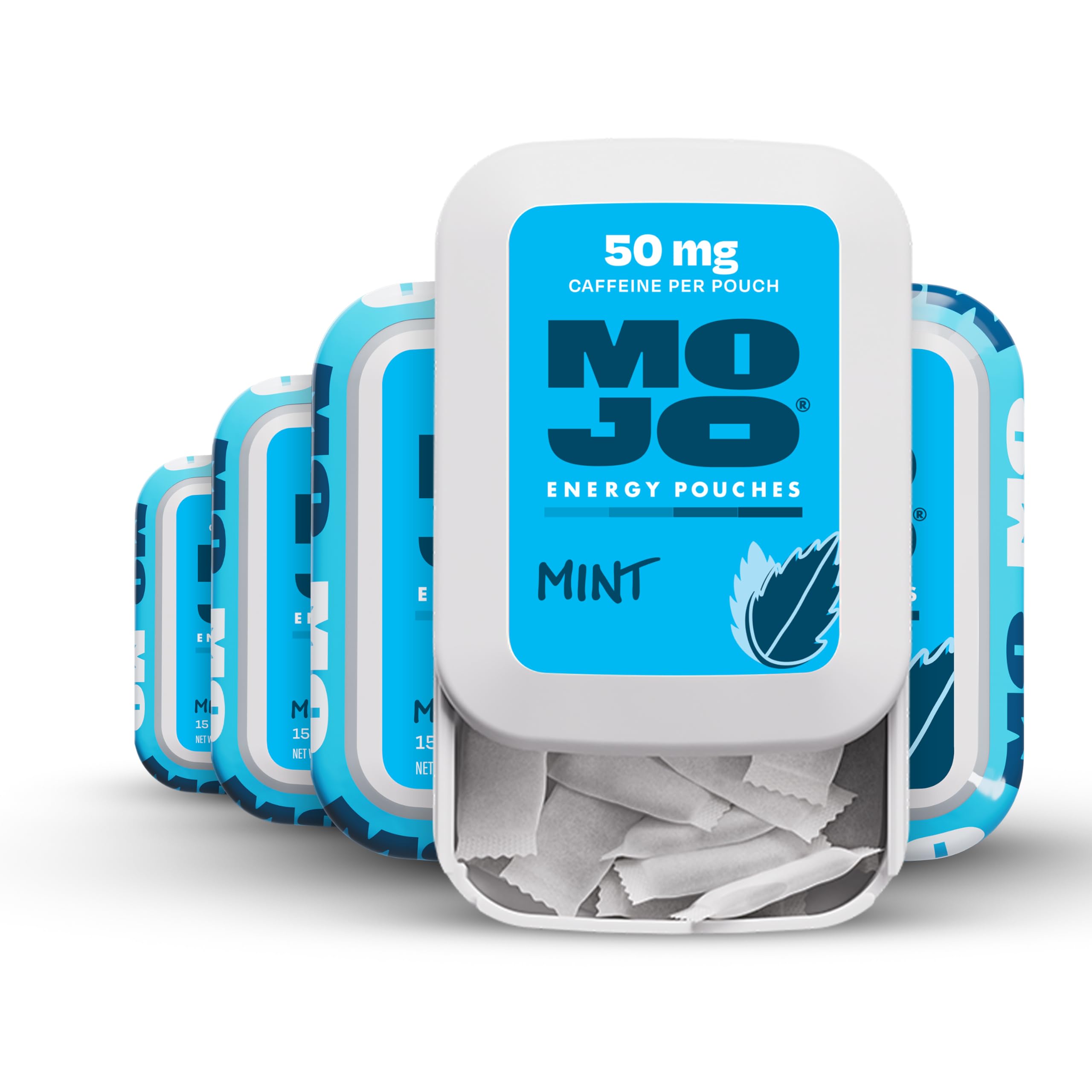 MOJO Energy Pouches Mint front-pack display for quick, sugar-free energy on the go.