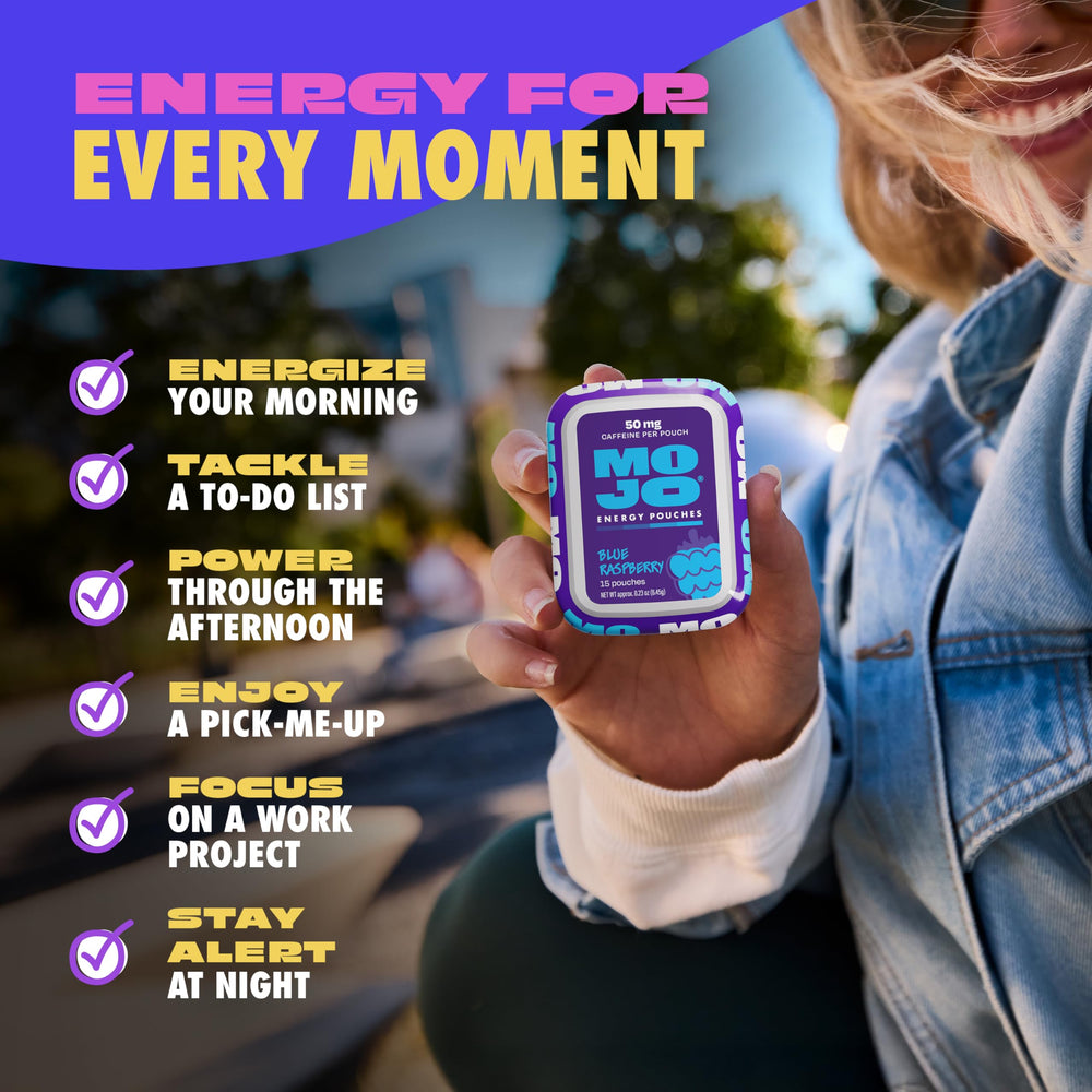 MOJO energy pouches on an office desk for focus and momentum.