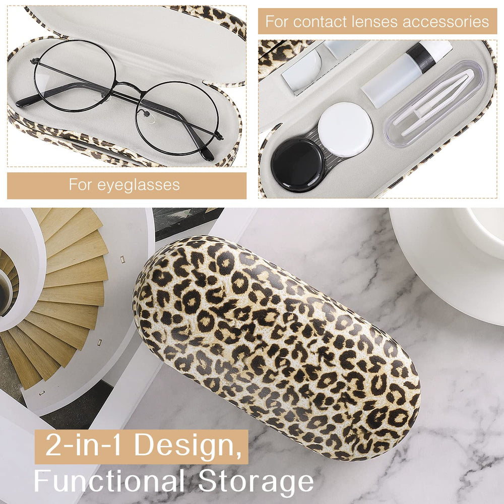 MoKo leopard case opened, showing dual compartments for glasses and lenses