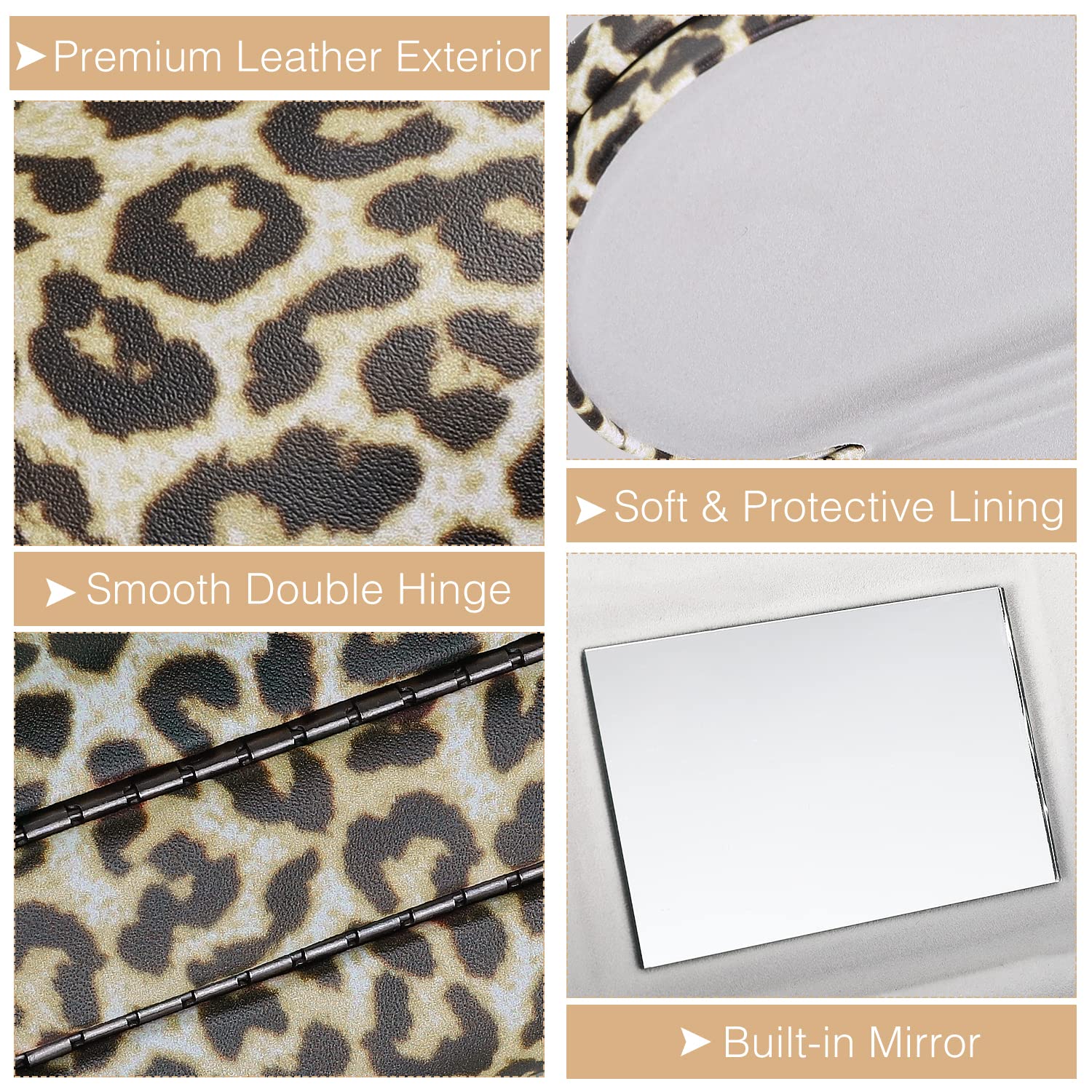 MoKo leopard case with built-in mirror close-up for quick checks