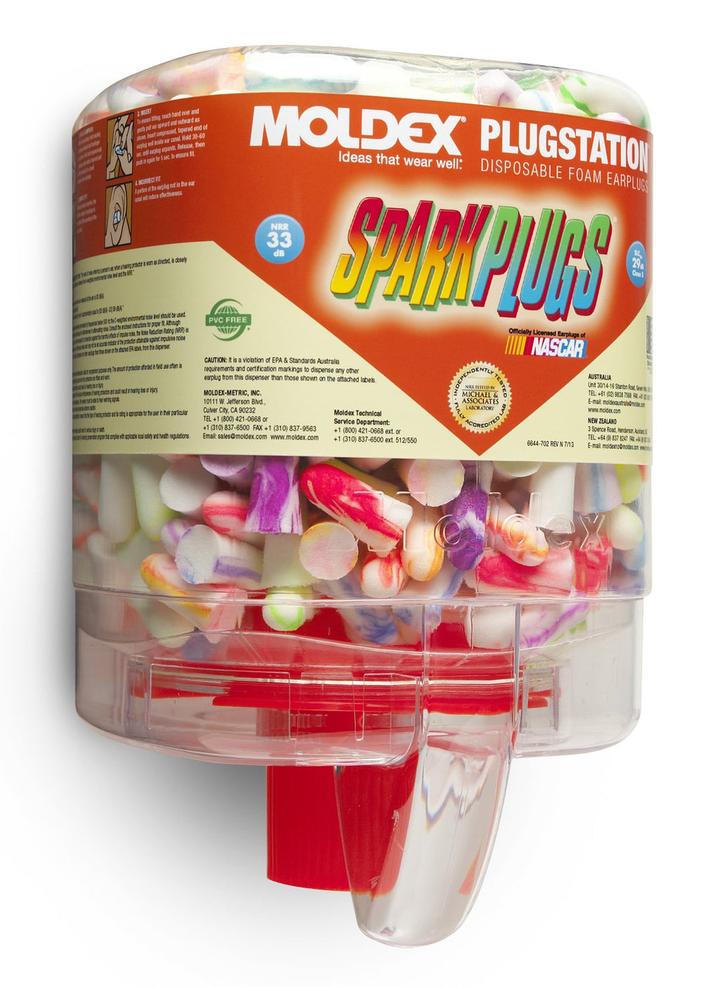 Moldex SparkPlugs M6644 orange earplugs in dispenser, high-visibility and comfortable for all-day use.