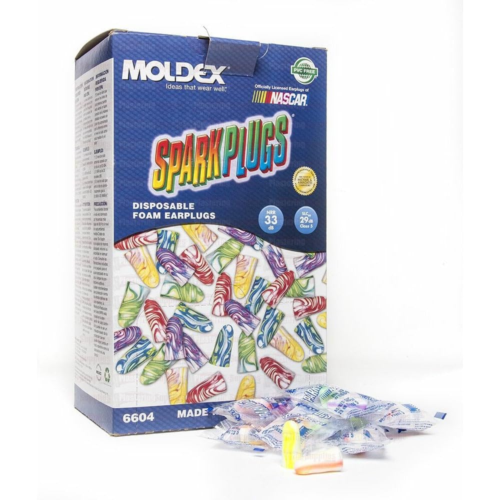 Moldex Sparkplugs earplugs uncorded in a box of 200 pairs, high NRR and ultra-soft foam for comfort.