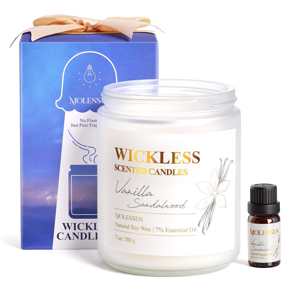 Molensun vanilla sandalwood wickless candle on warmer for clean, even aroma