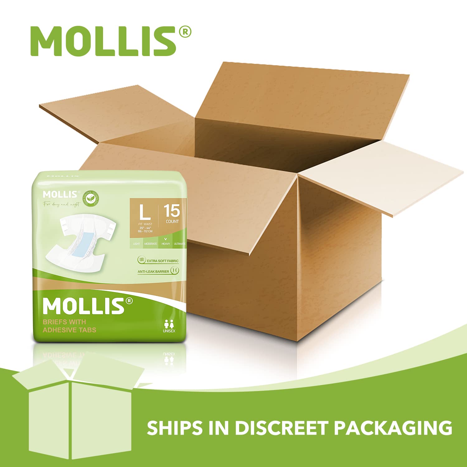 MOLLIS diaper with adjustable extended tabs shown for secure fit.
