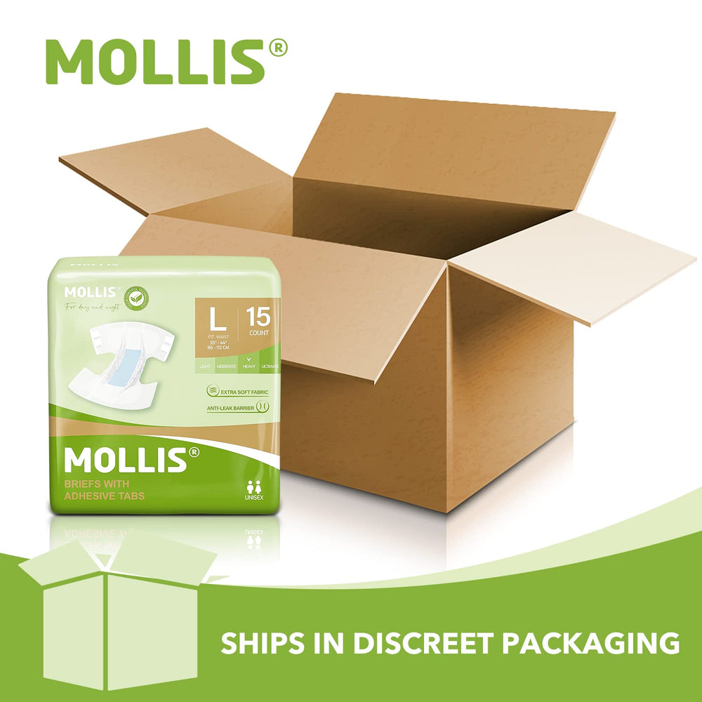 MOLLIS diaper with adjustable extended tabs shown for secure fit.