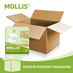 MOLLIS diaper with adjustable extended tabs shown for secure fit.
