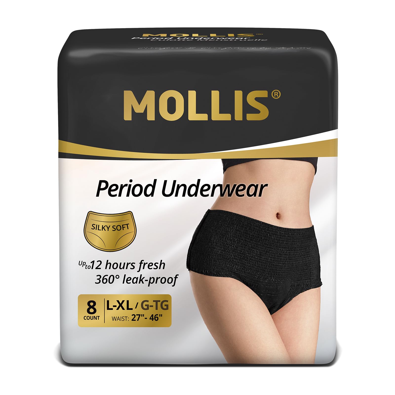 MOLLIS disposable period underwear pack shot shows discreet breathable fabric for daily wear.