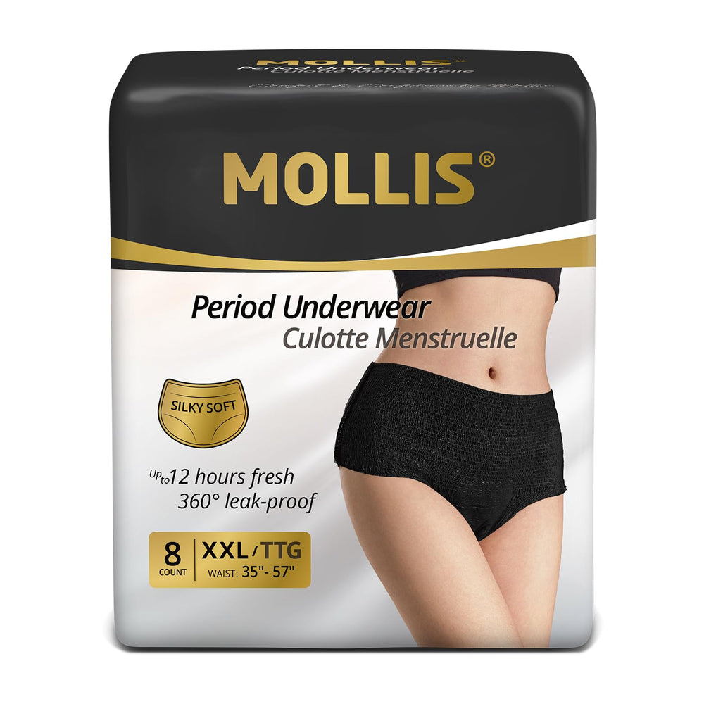 MOLLIS disposable period underwear packaging for travel-friendly protection.