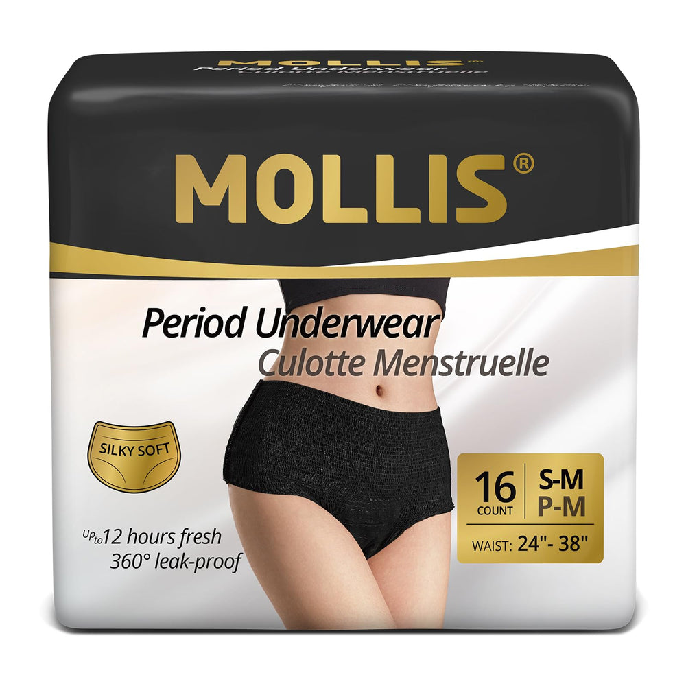 MOLLIS disposable period underwear for women in black, 16-count, all-day protection.