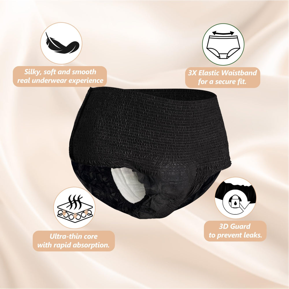 MOLLIS leakproof waistband close-up highlights 3x stretch fit and edge protection.