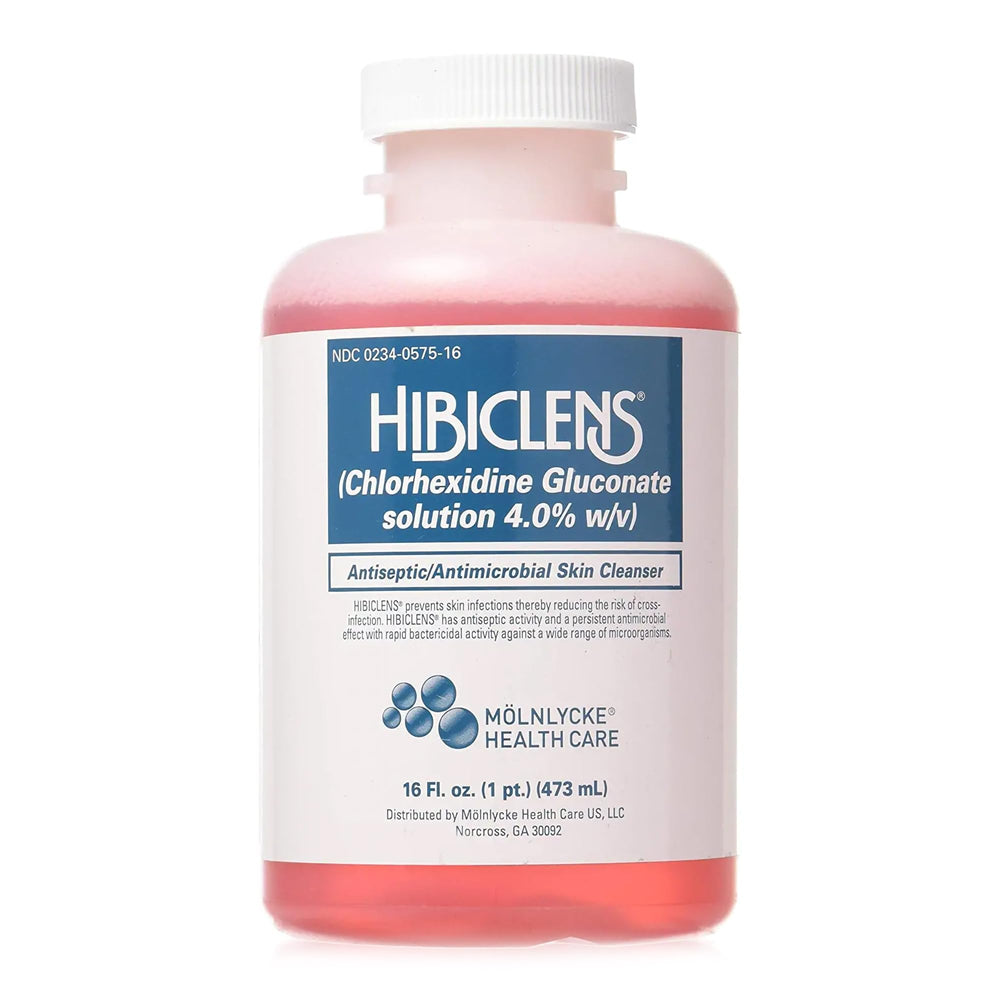 Molnlycke Hibiclens liquid antiseptic bottle with pump promotes convenient germ protection.