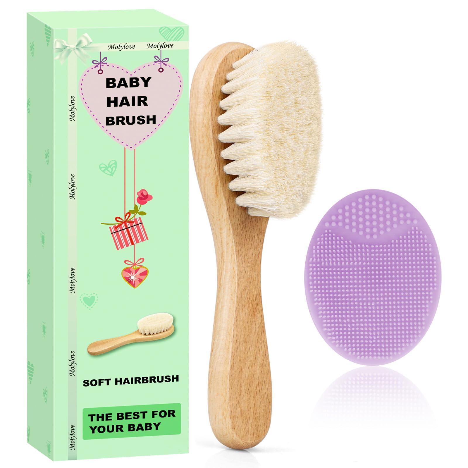 Molylove baby hair brush with natural goat hair bristles for gentle detangling