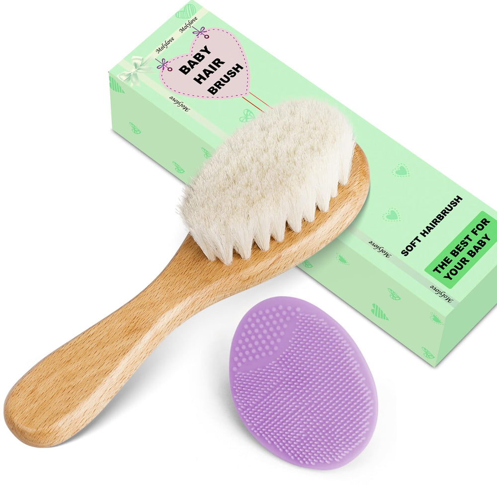 Molylove purple cradle cap brush with soft silicone tips for gentle scalp cleansing