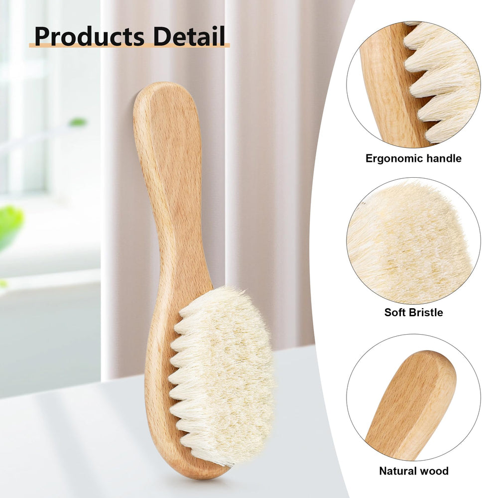 Molylove wooden-handle baby brush close-up showing natural wood and ergonomic grip