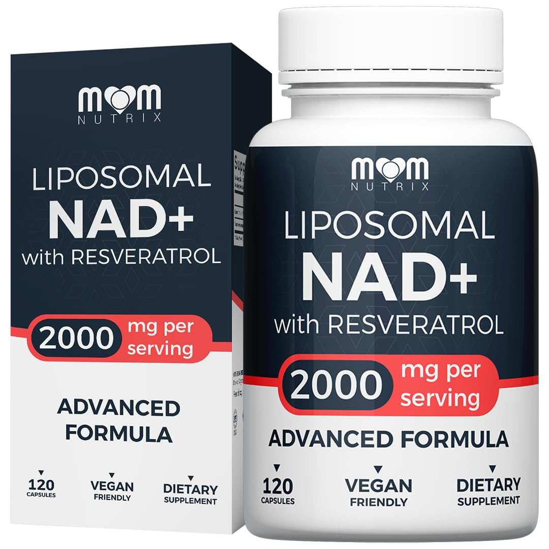 MOM NUTRIX liposomal NAD+ bottle on counter for daily energy support