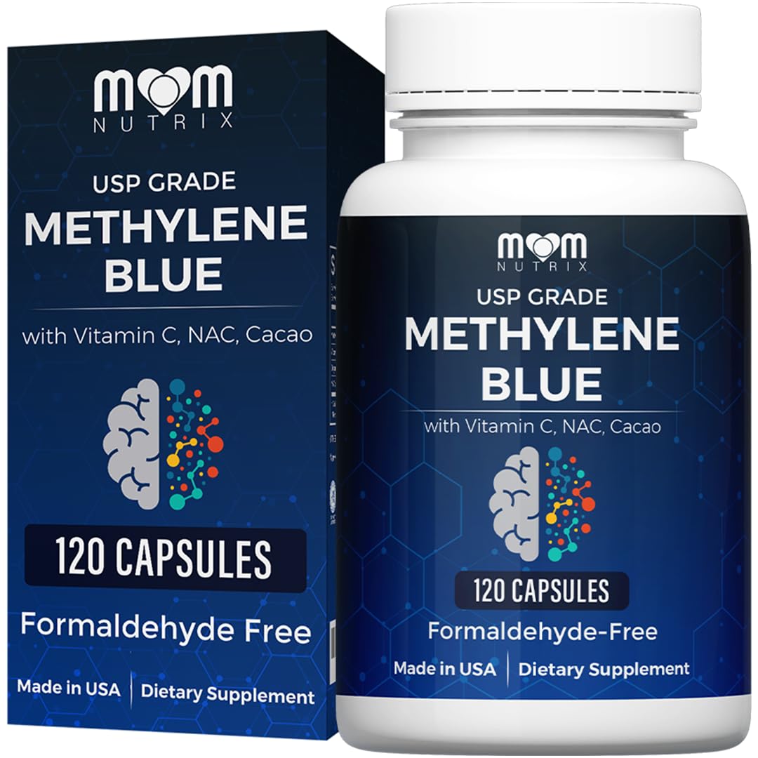 Mom Nutrix Methylene Blue bottle pour supports focused daytime energy.