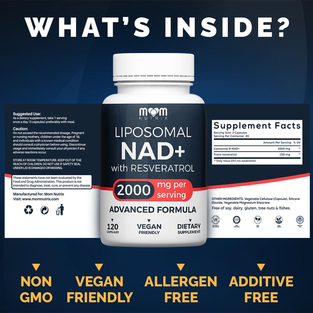 MOM NUTRIX NAD capsules close-up highlighting liposomal delivery benefits