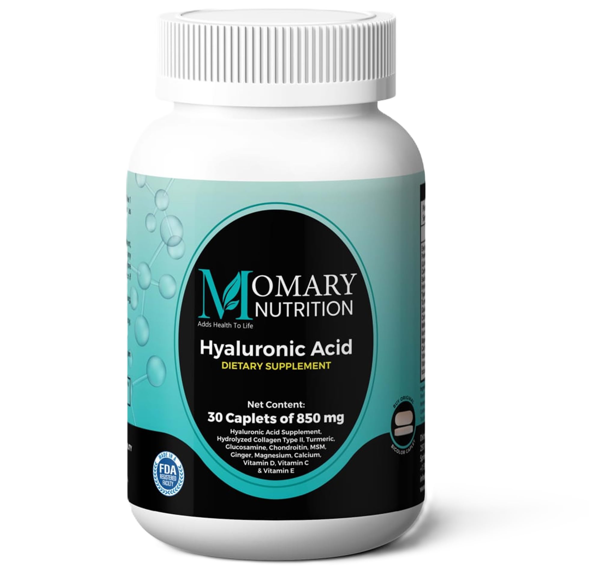 MOMARY NUTRITION Hyaluronic Acid Supplement bottle front showing label and hydration focus