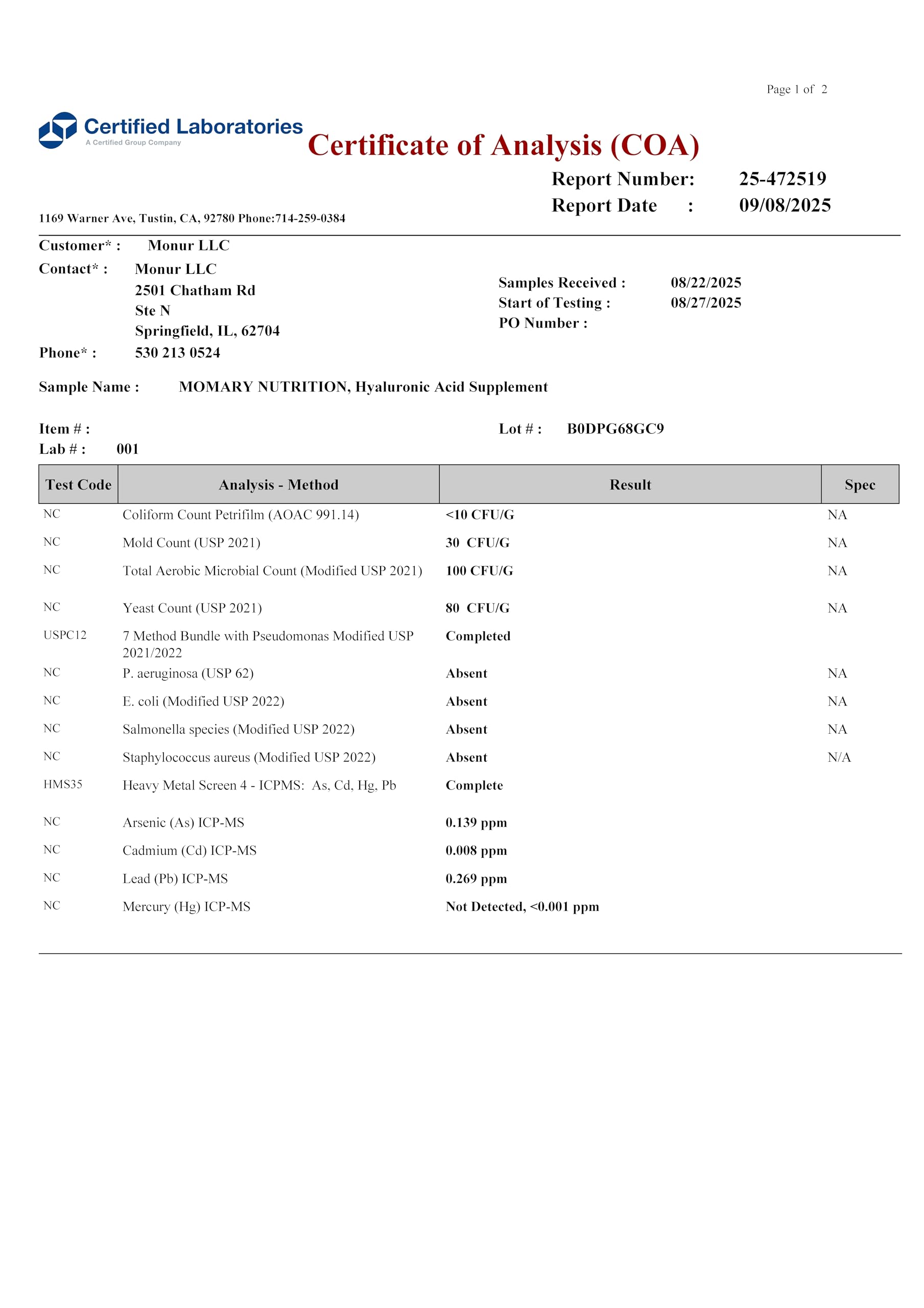 Close-up of MOMARY NUTRITION label highlighting gluten-free GMO-free formula