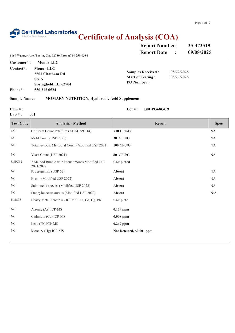 Close-up of MOMARY NUTRITION label highlighting gluten-free GMO-free formula