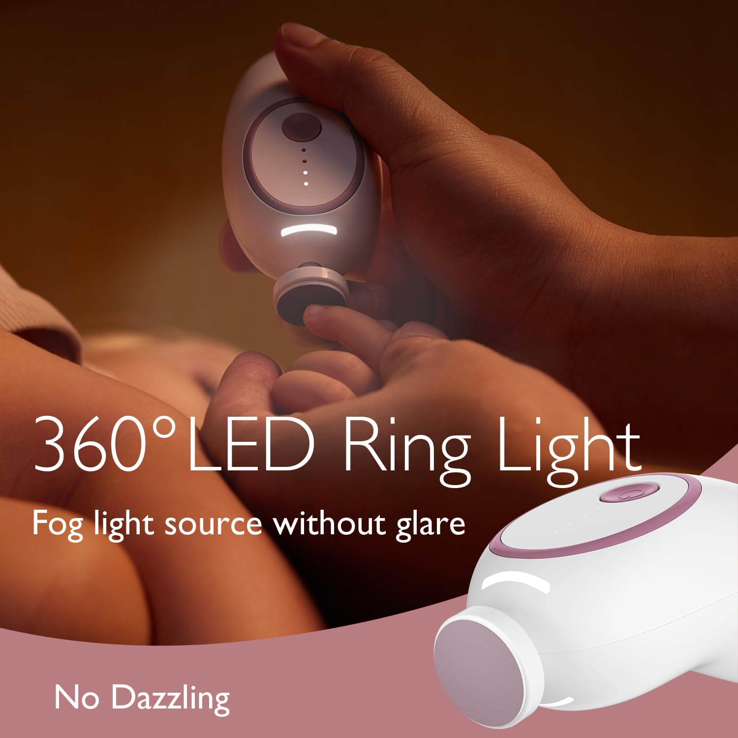 Momcozy Nail File Electric with 360° LED night light for safe nighttime grooming.