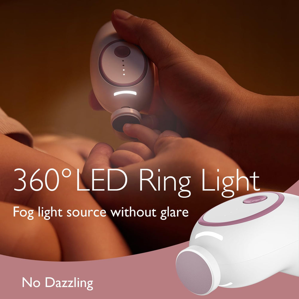 Momcozy Nail File Electric with 360° LED night light for safe nighttime grooming.