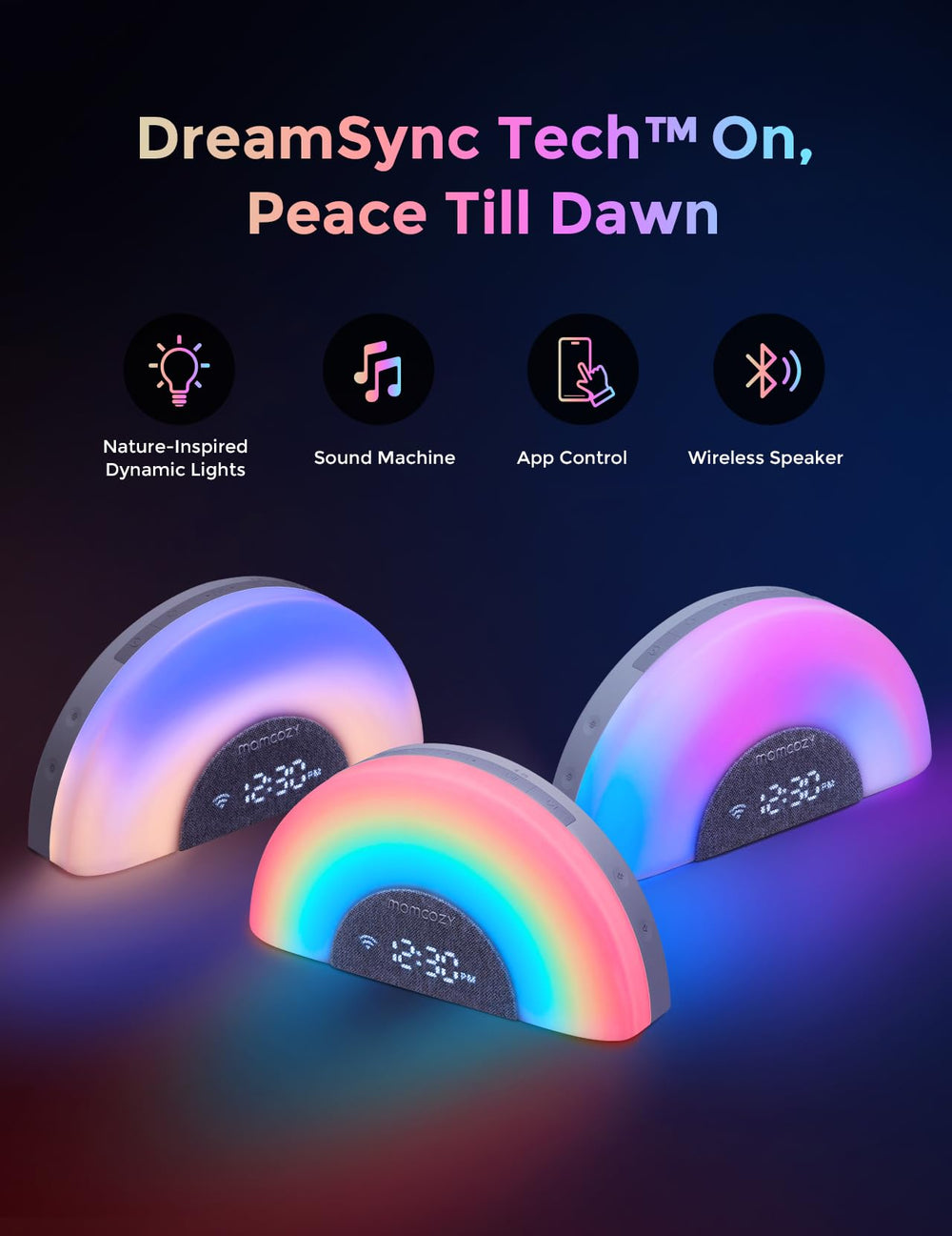 Momcozy ambient light with rainbow glow creates a soothing bedtime atmosphere
