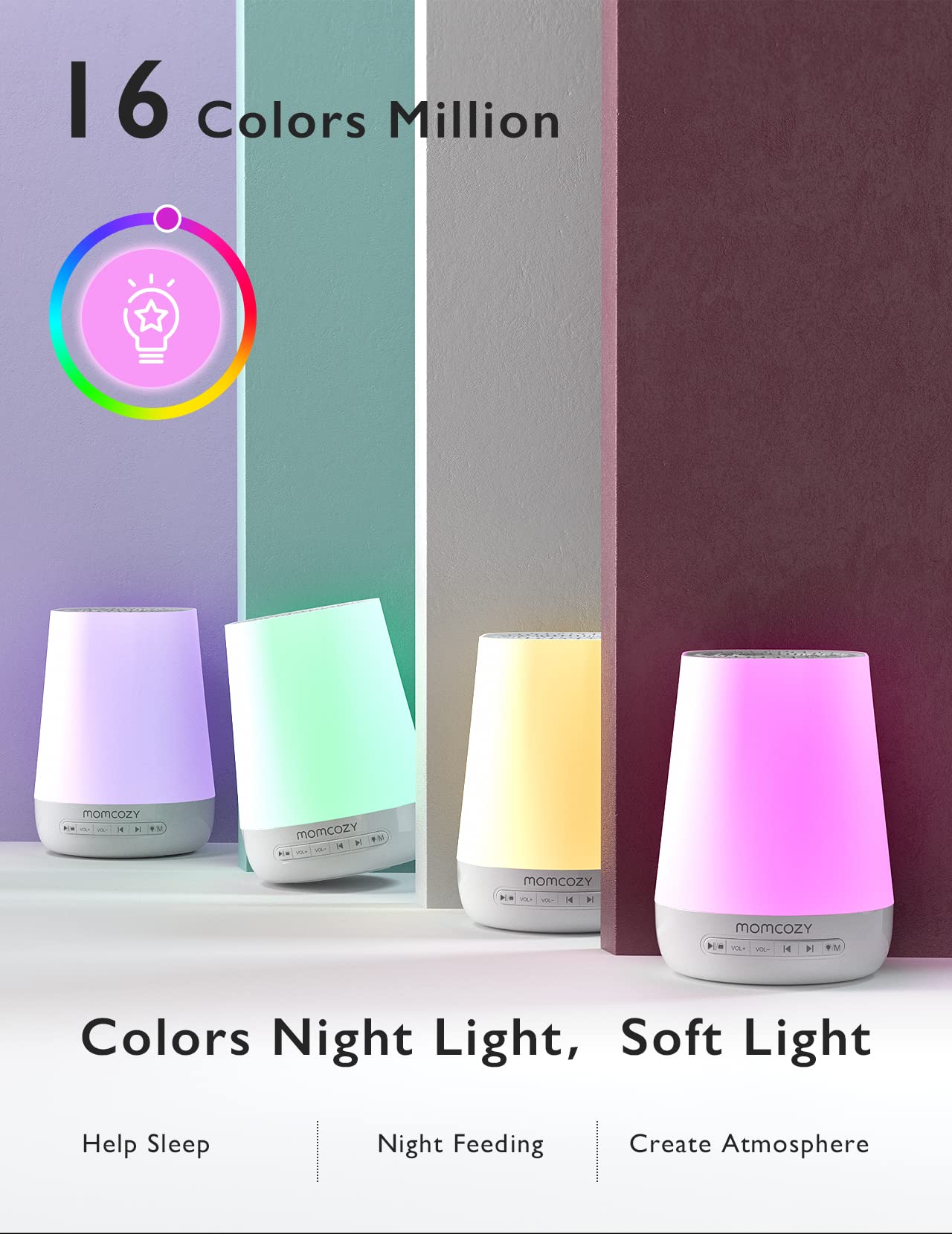 Momcozy baby sound machine creates a calming bedroom ambience.