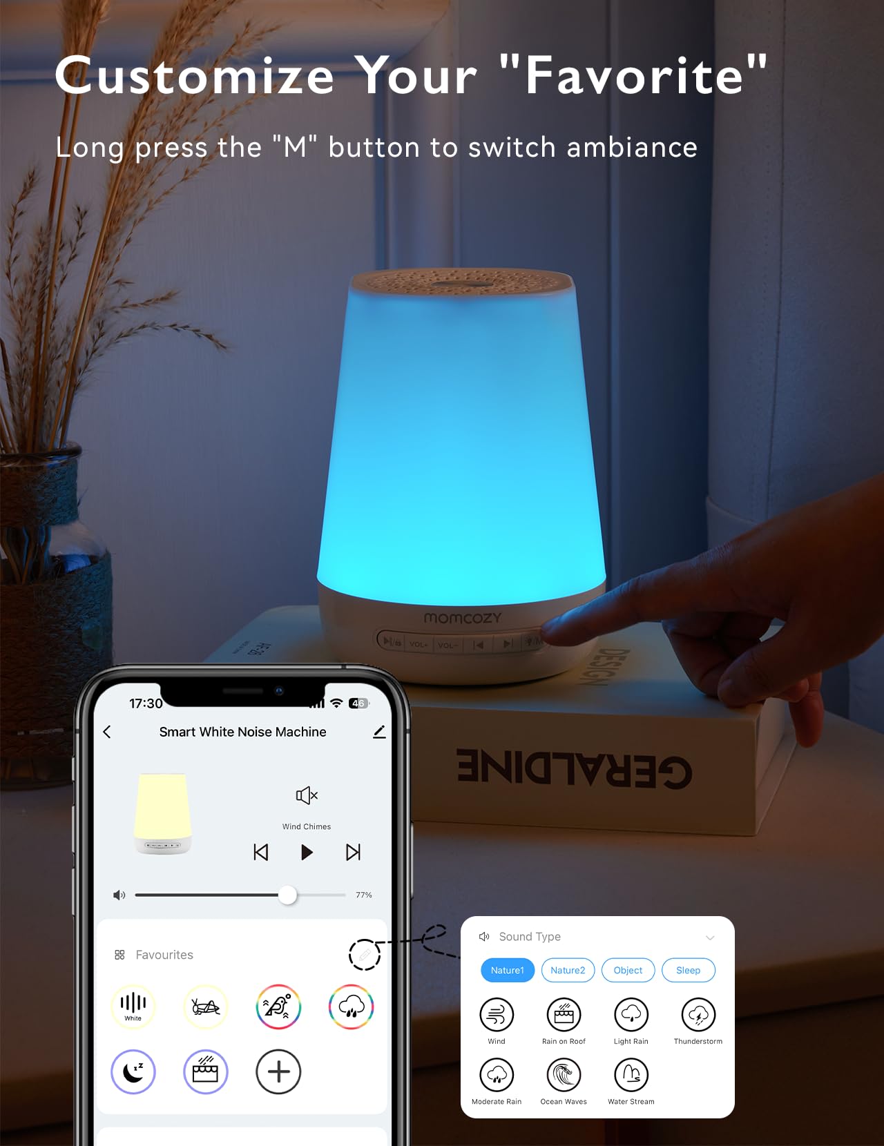 Momcozy baby sound machine bedside lamp provides ambient lighting.