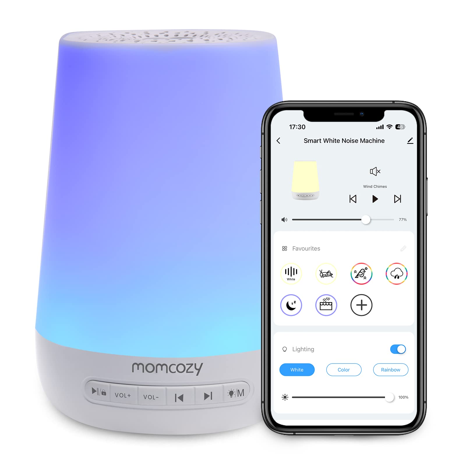 Momcozy baby sound machine blue front view for peaceful sleep routines.