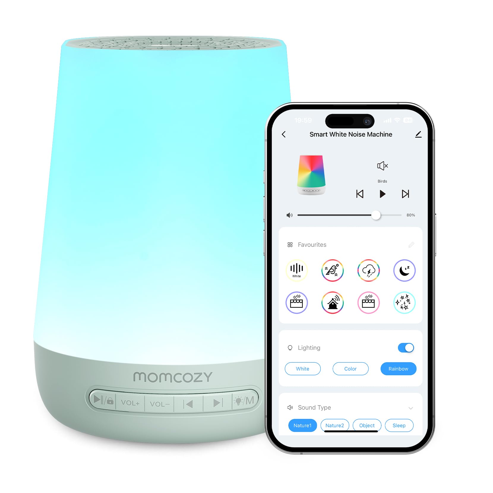 Momcozy baby sound machine green front view for a calm sleep space