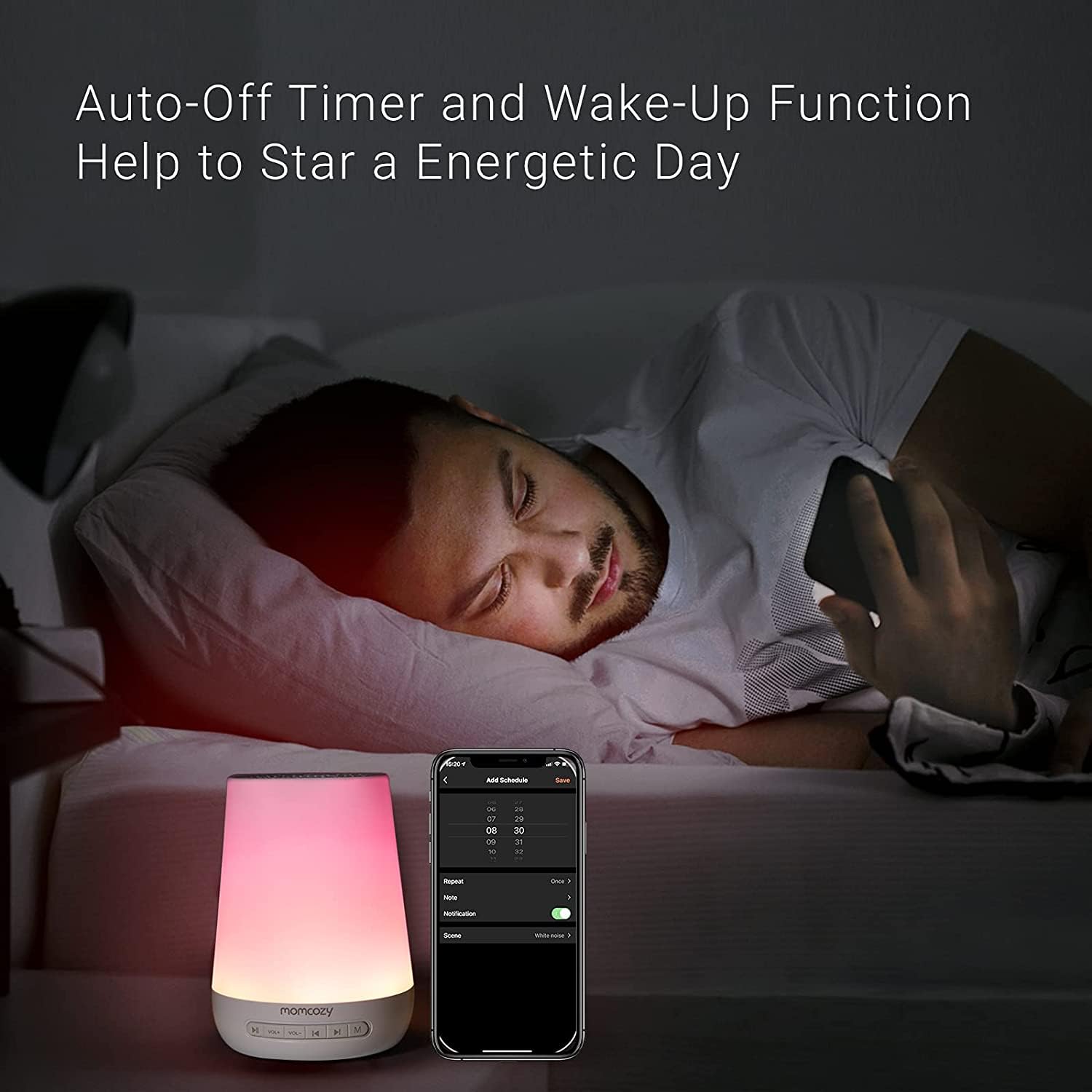 Momcozy baby sound machine timer programs support personalized sleep schedules.