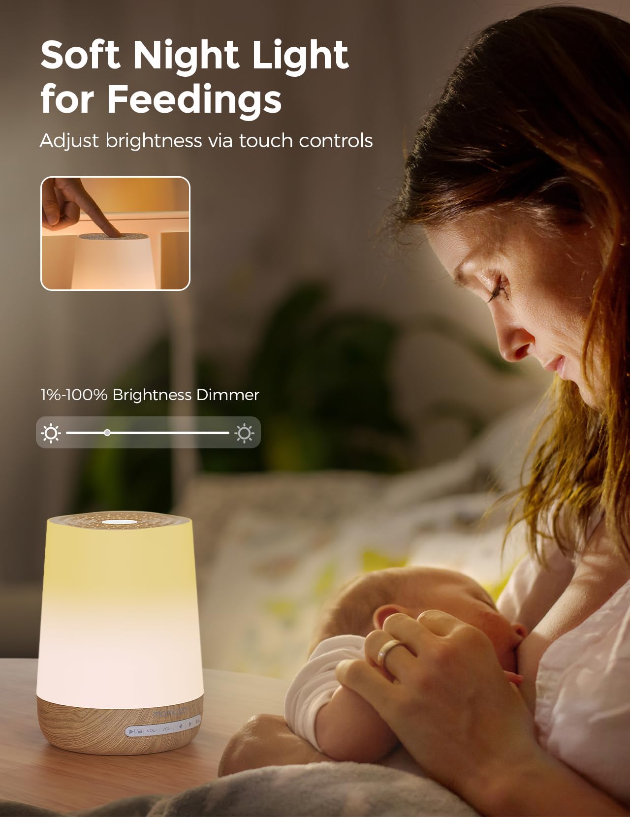 Momcozy dimmable night light supports a cozy nursery ambiance.