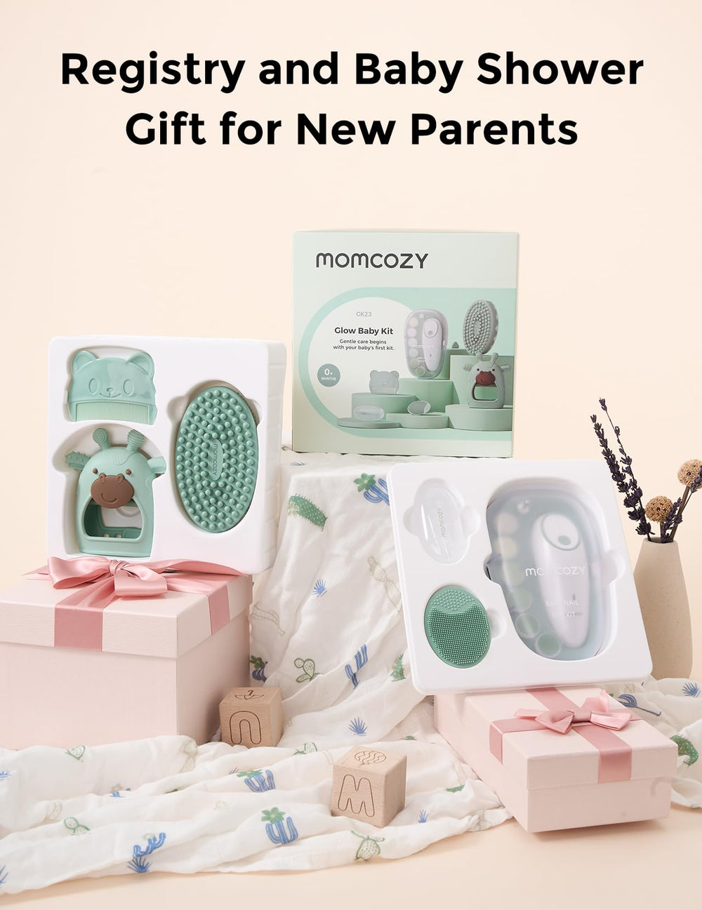Momcozy Glow Baby Kit cradle cap brush removes flakes while massaging the scalp.