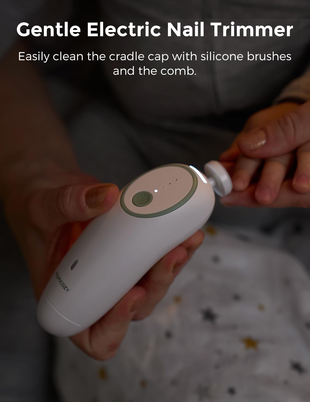 Momcozy Glow Baby Kit finger toothbrush cleans tongue and gums easily.
