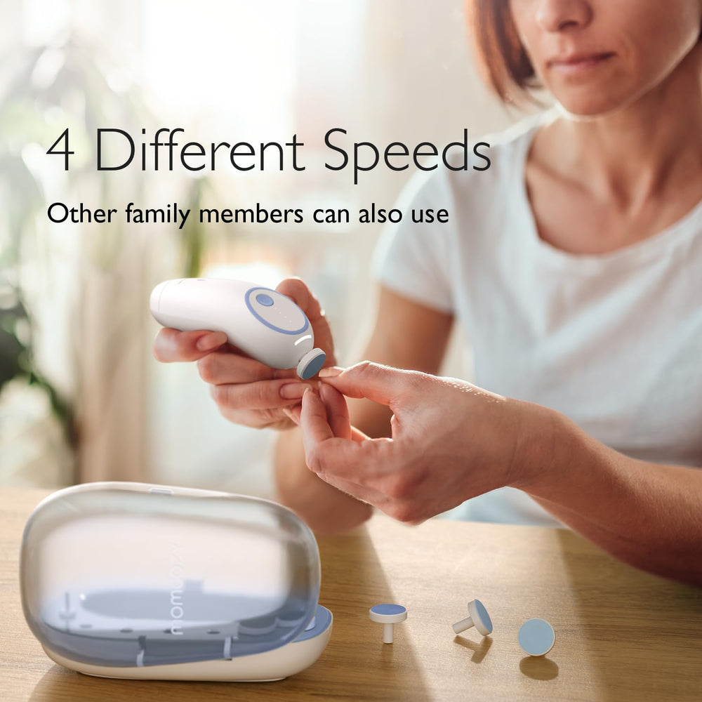 Momcozy low-noise nail file keeps baby calm during grooming.