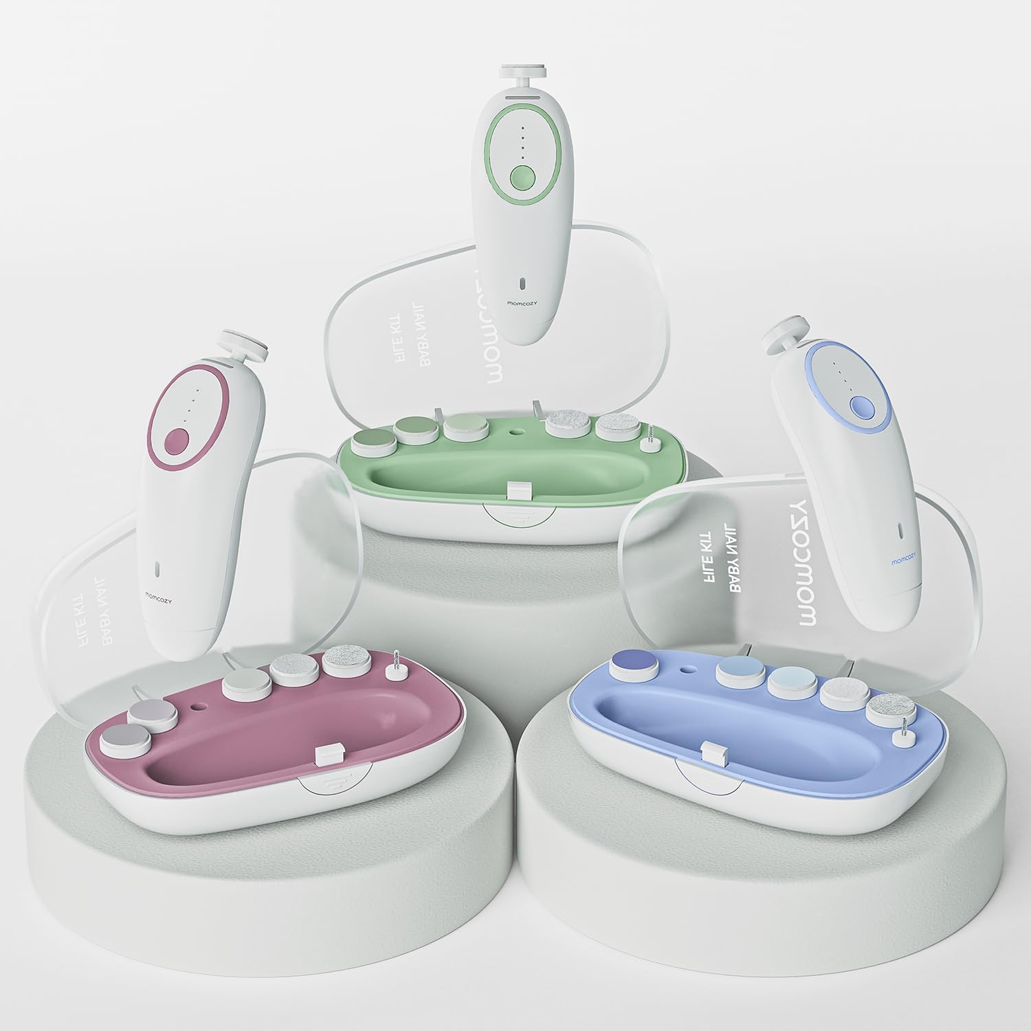 Momcozy nail trimmer in use at night with soft illumination.