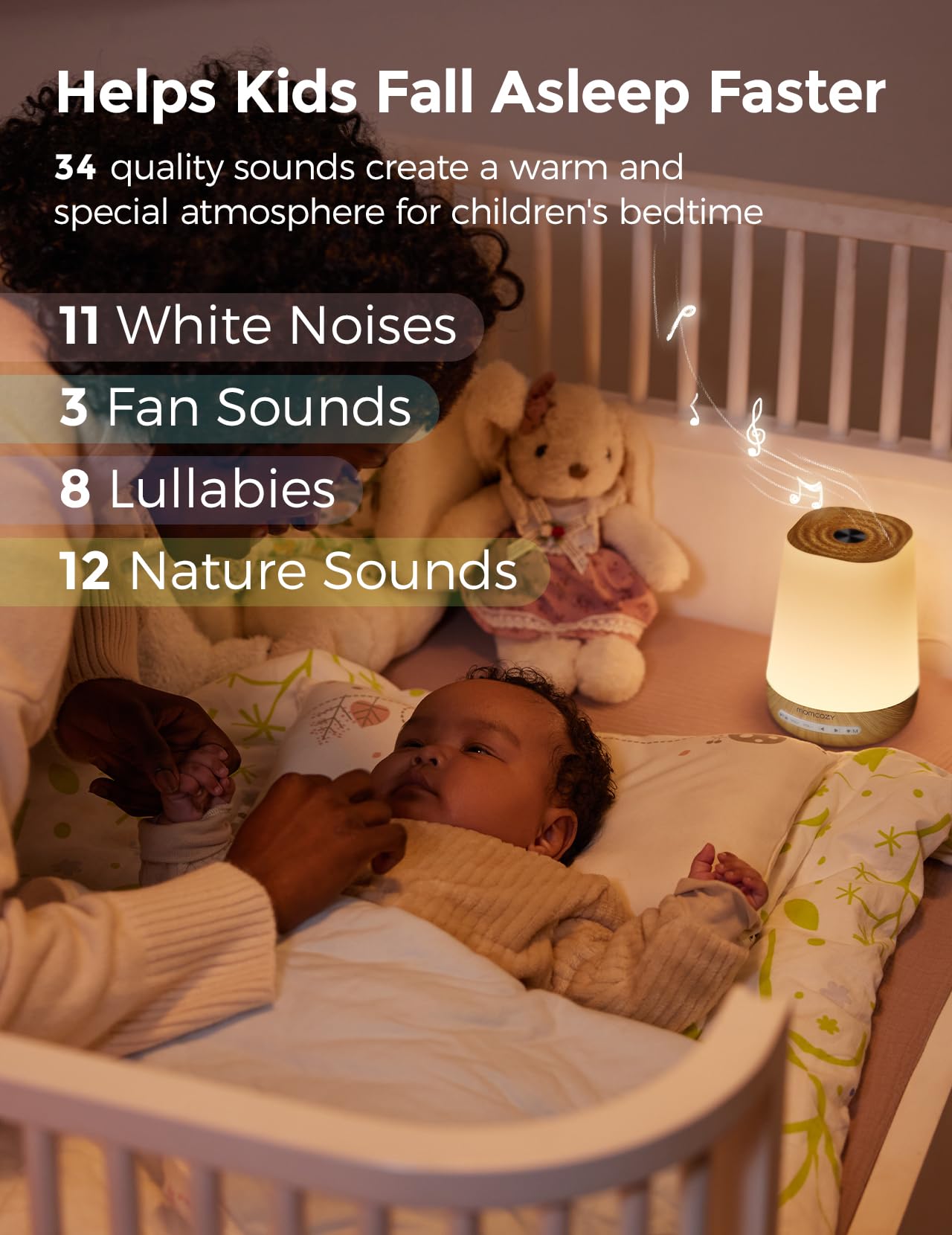 Momcozy sleep routine feature supports consistent bedtime sequences.