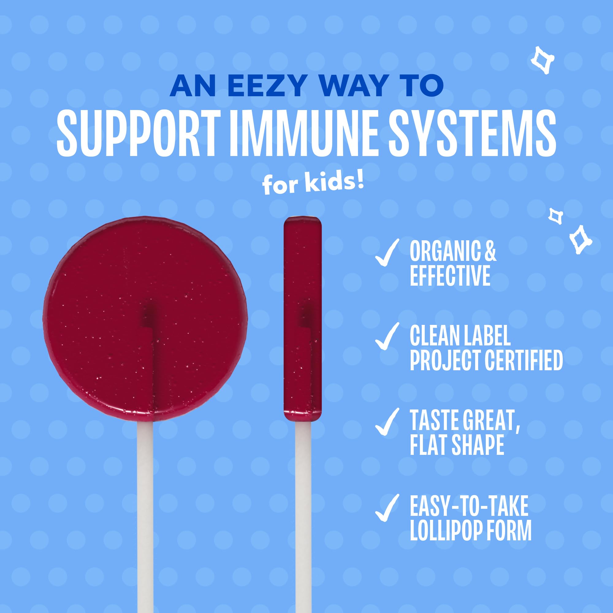 Immuniteez elderberry lollipops close-up on a stick for kids.