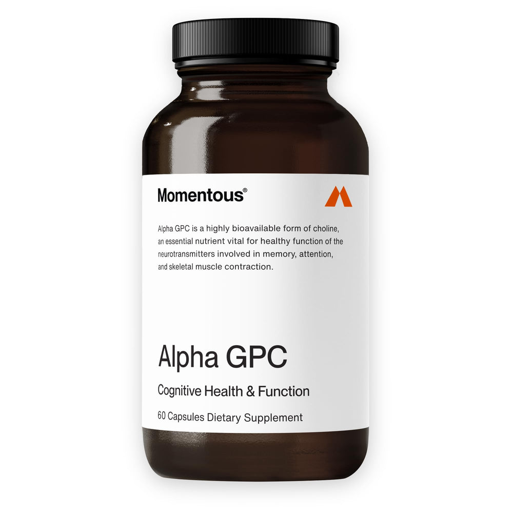 Momentous Alpha GPC bottle front view supports cognitive support for athletes.