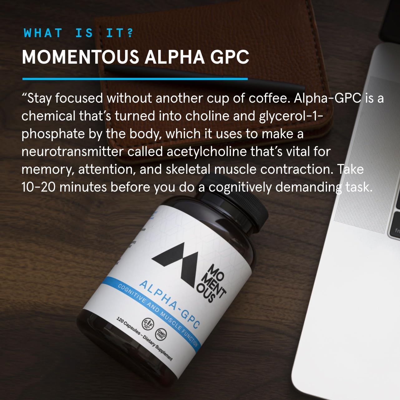 Momentous Alpha GPC capsules close-up showing dosage and ingredients.