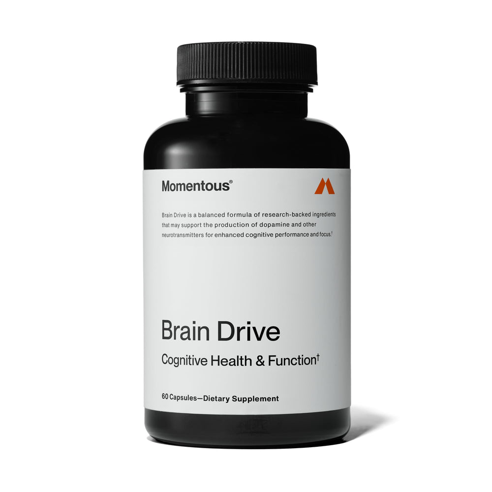 Momentous Brain Drive bottle cap close-up showing freshness and premium formulation.
