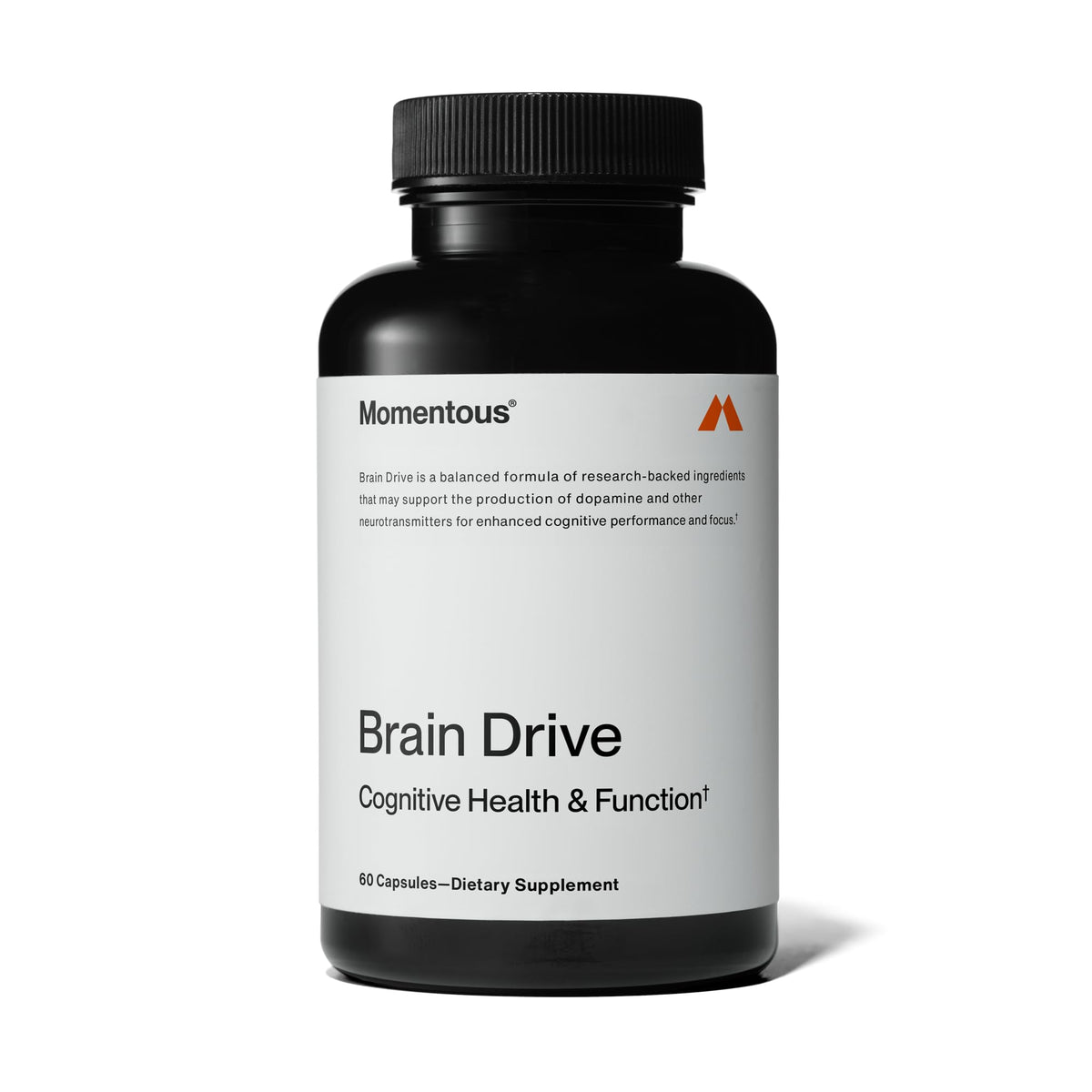 Momentous Brain Drive bottle cap close-up showing freshness and premium formulation.