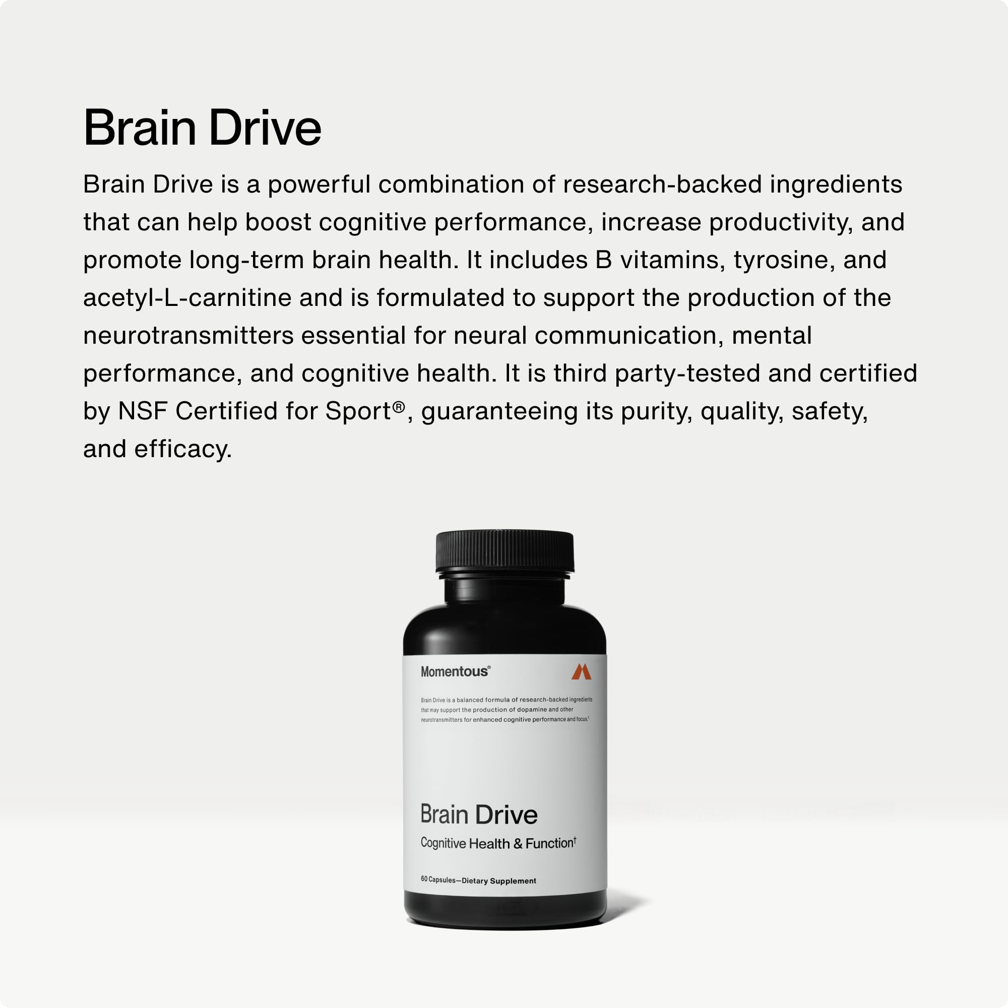 Momentous Brain Drive bottle front with NSF Certified for Sport emblem.