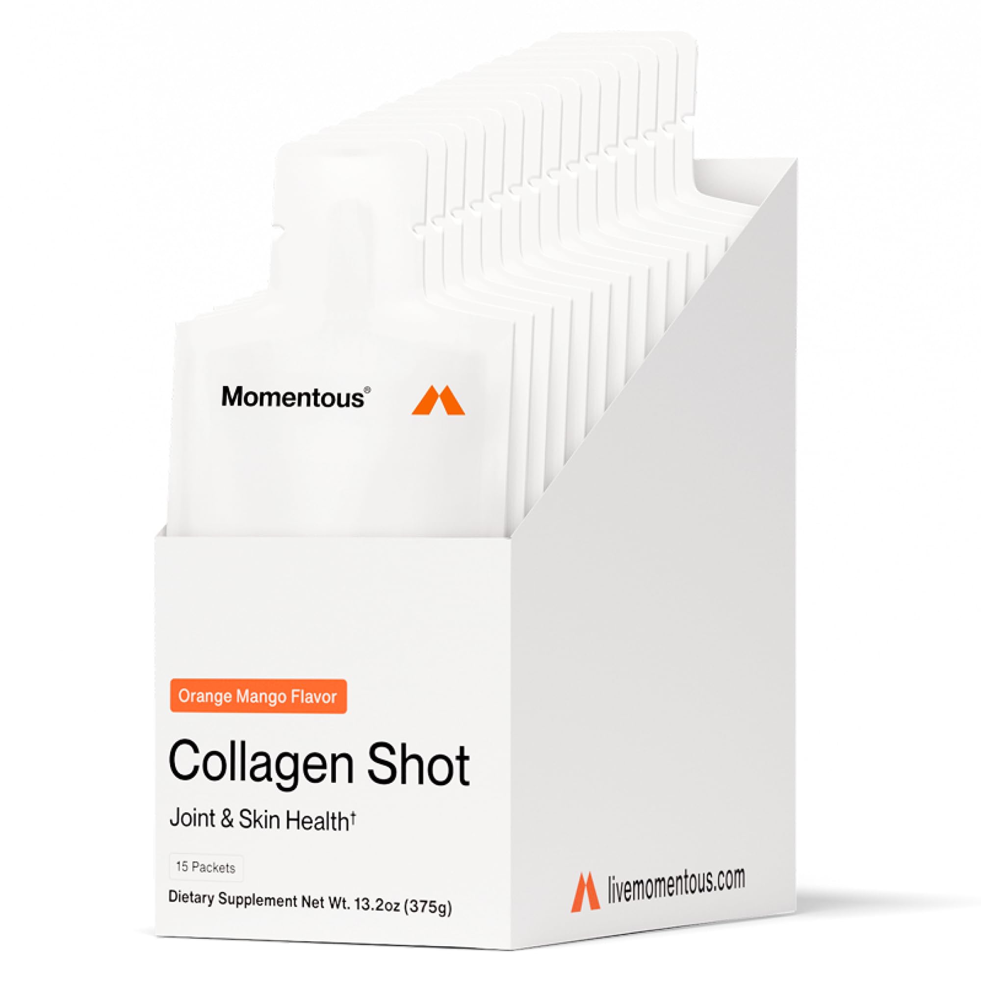 Momentous Collagen Shot orange mango bottle highlights flavor for active recovery