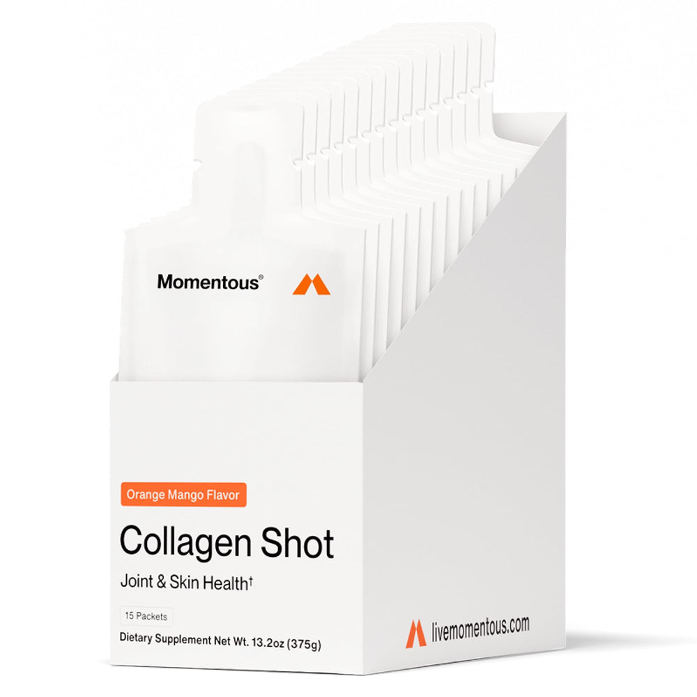 Momentous Collagen Shot orange mango bottle highlights flavor for active recovery