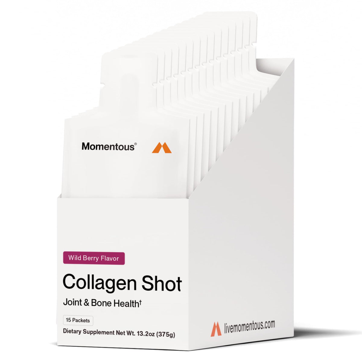Momentous Collagen Shot Wild Berry bottle inviting daily joint and tissue support