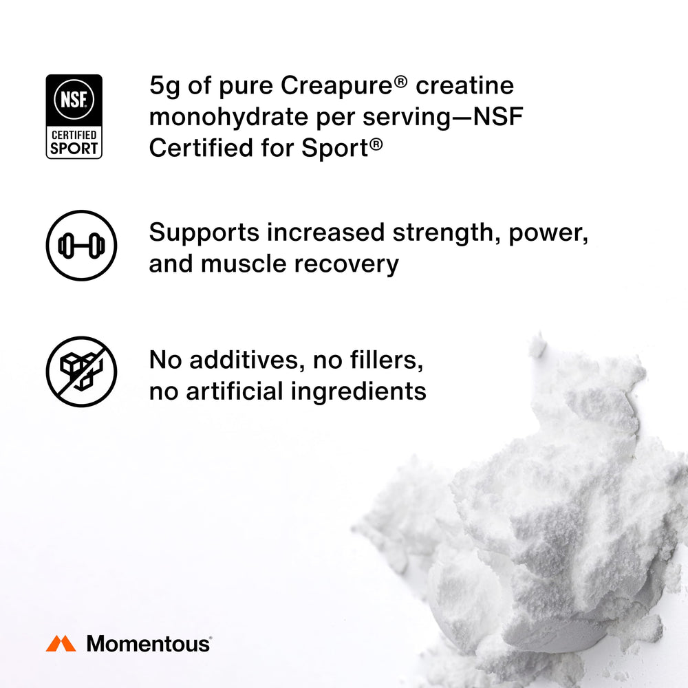Momentous Creatine Lemon Creapure logo on packaging indicating purity.