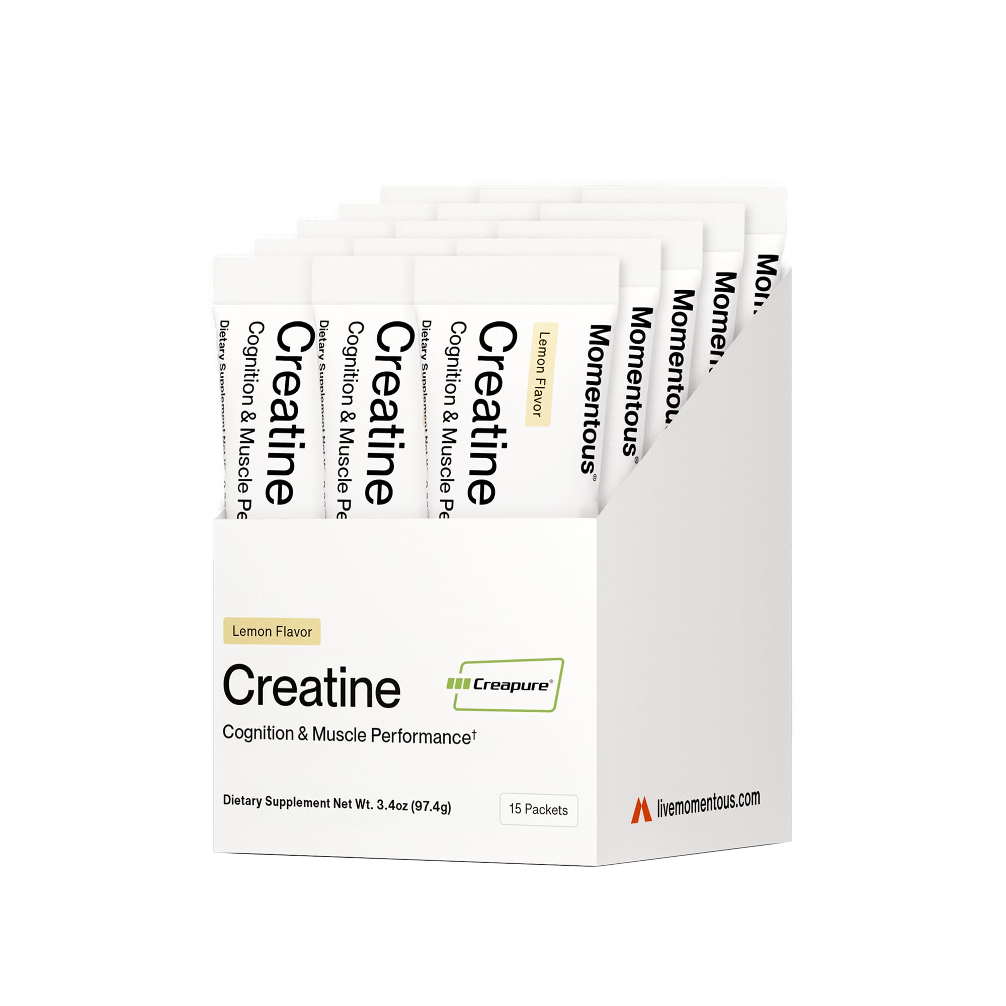 Momentous Creatine Lemon packets for on-the-go performance during workouts.